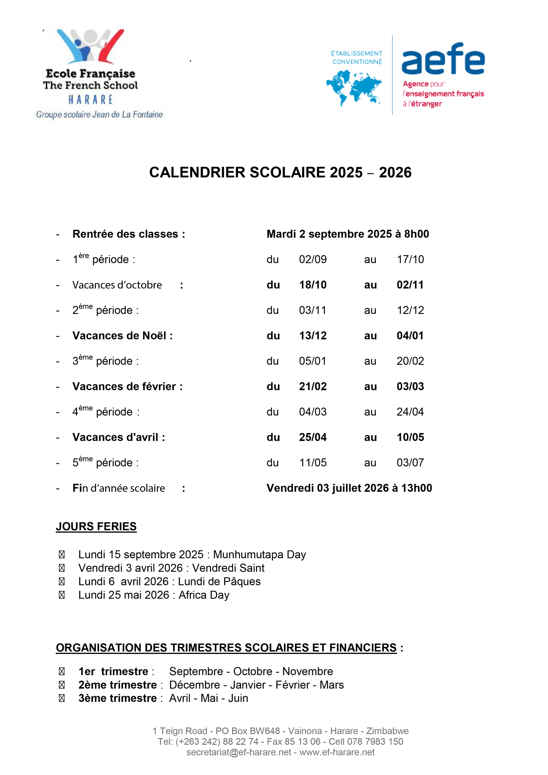 CALENDRIER SCOLAIRE 2025-2026